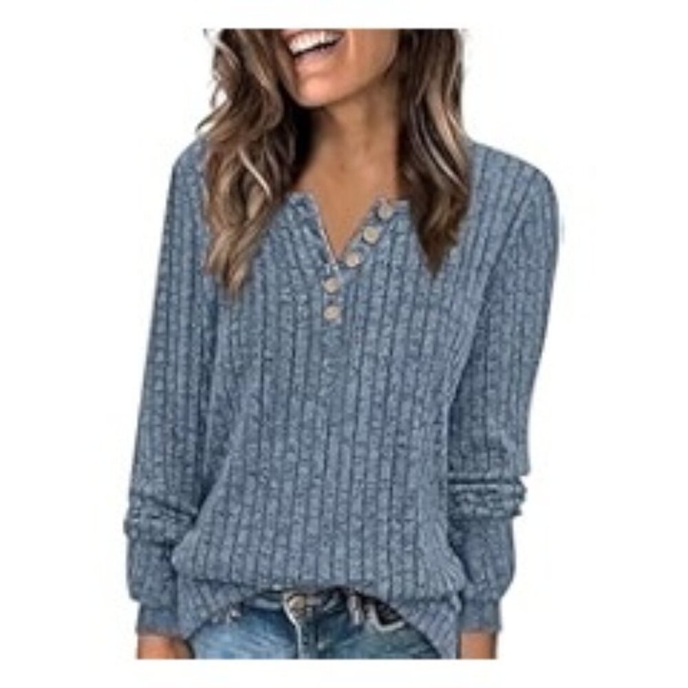 Misfay Womens Blue Ribbed Soft Long Sleeve Henley Top Size Large